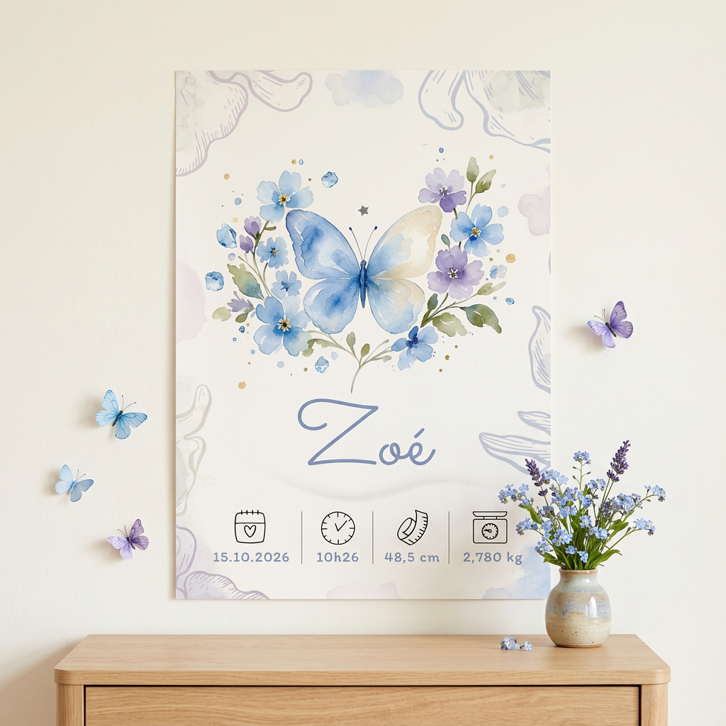Poster de naissance Zoé sans cadre au mur, papillon bleu et décor printanier bleu ciel et violet