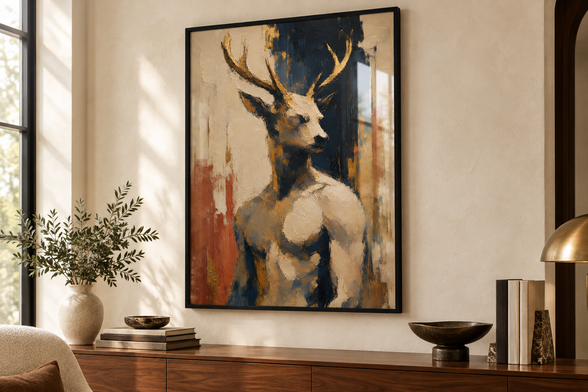 Affiche homme cerf encadrée sans marge blanche accrochée dans un salon avec buffet en bois