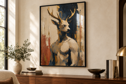 Affiche homme cerf encadrée sans marge blanche accrochée dans un salon avec buffet en bois