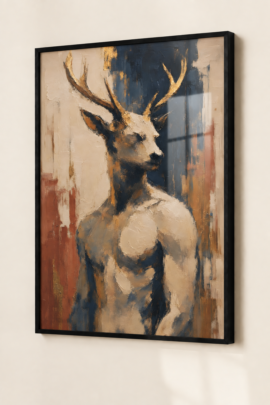 Affiche homme à tête de cerf dans un cadre noir sans marge blanche avec reflet sur le plexiglas