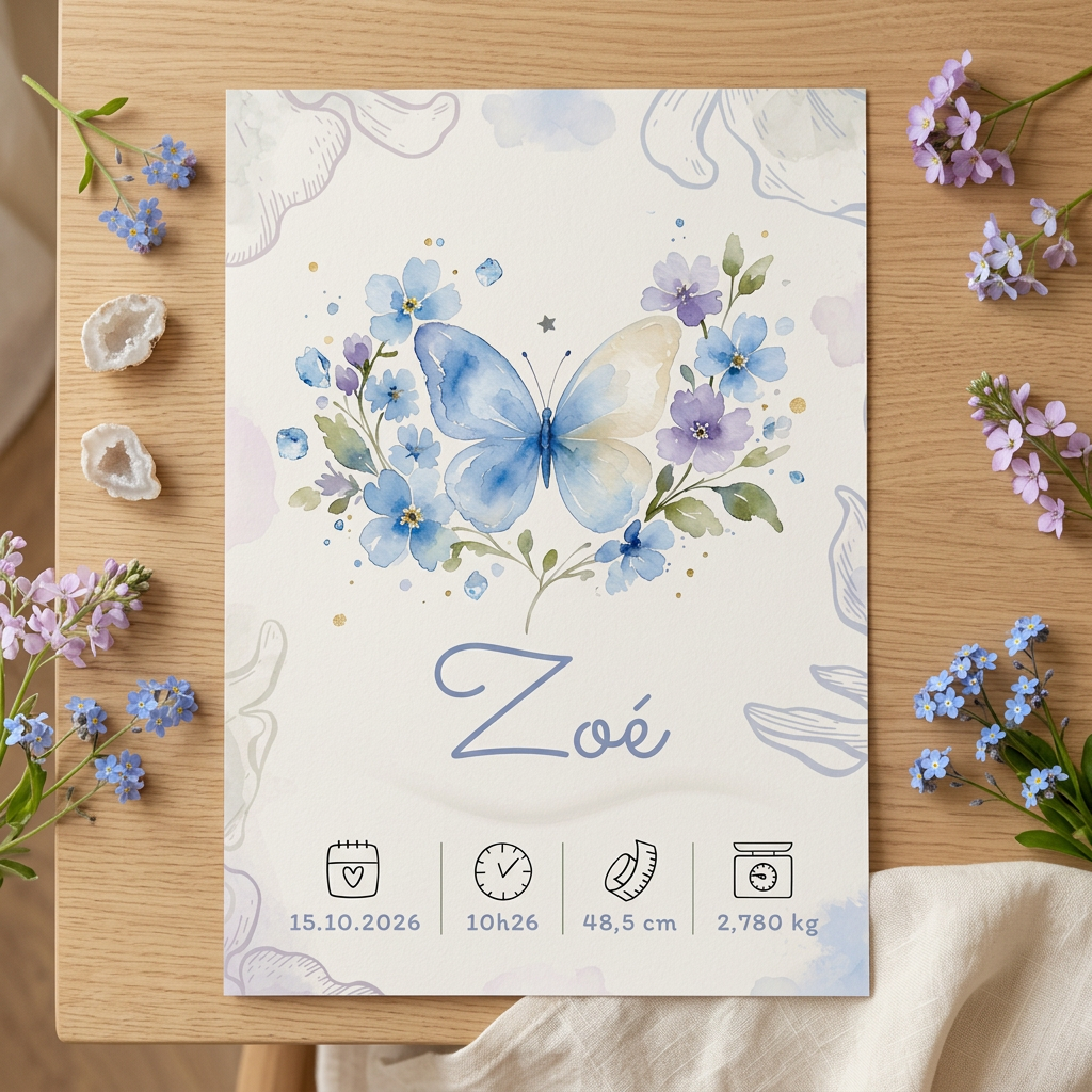 Poster de naissance Zoé sans cadre présenté à plat sur bois clair, papillon bleu et fleurs délicates