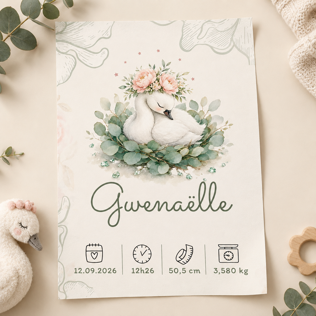 Poster de naissance Gwenaëlle personnalisé au cygne fleuri, vendu sans cadre