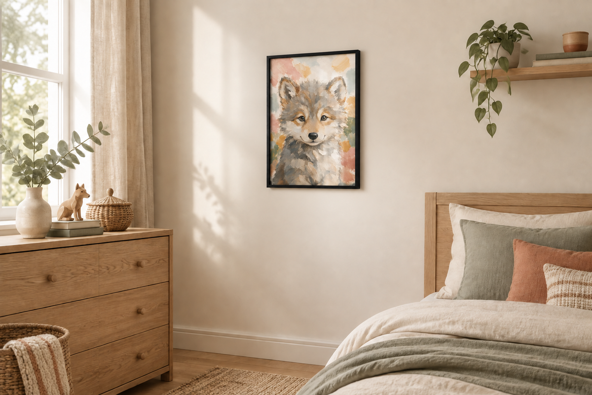 Affiche louveteau encadrée au format A3 dans une chambre d’enfant aux tons naturels