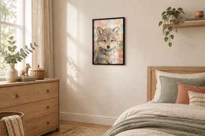 Affiche louveteau encadrée au format A3 dans une chambre d’enfant aux tons naturels