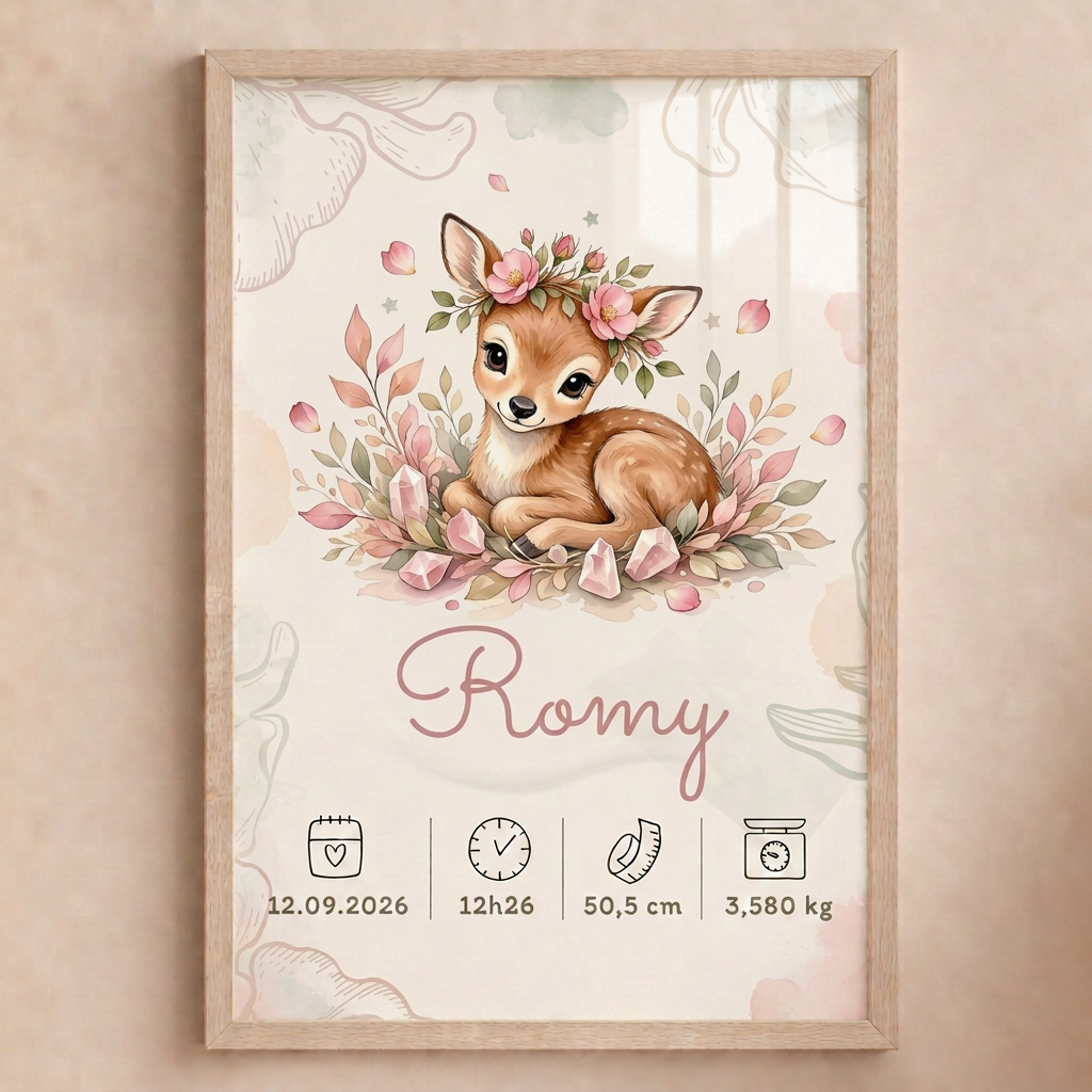 Affiche Romy dans un cadre bois clair avec plexiglas sur fond beige