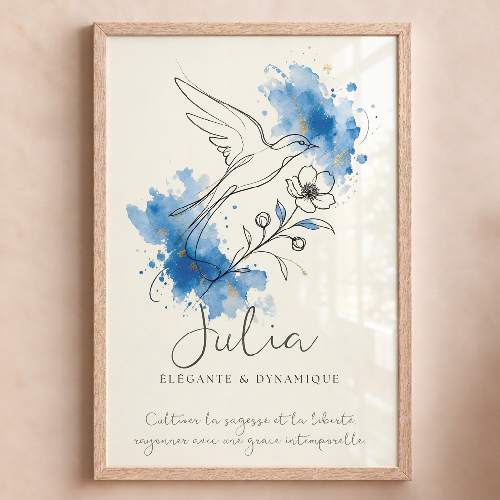 Julia dans le cadre en bois clair avec plexiglas