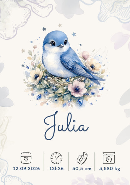 Affiche de naissance Julia personnalisée – Oiseau bleu, fichier numérique