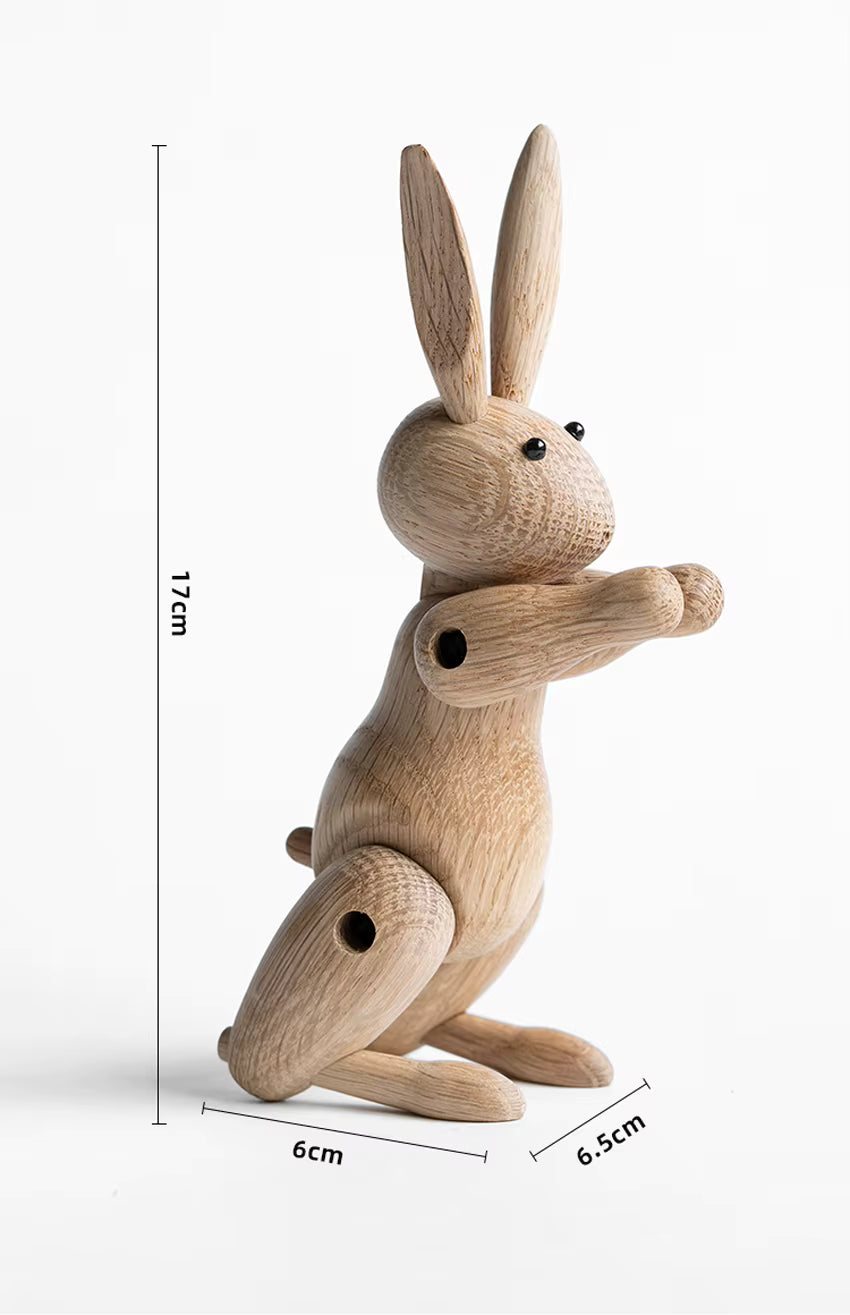 Lapin articulé en bois naturel avec indication de hauteur 17 cm, montrant sa taille réelle.