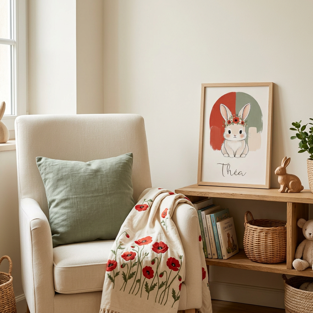 Lapin coquelicot en cadre bois clair dans un coin lecture printanier