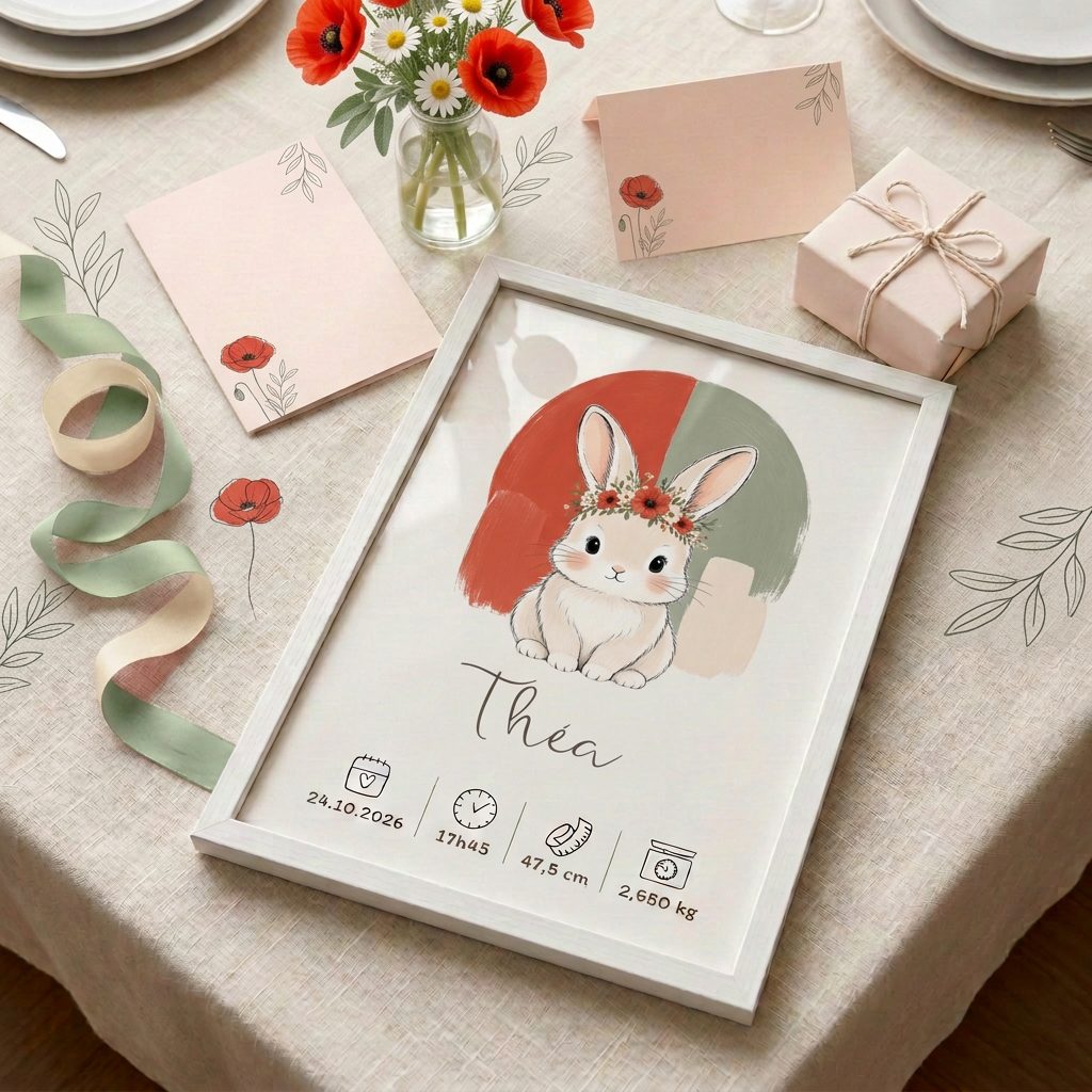 Lapin coquelicot Théa en cadre blanc présenté en cadeau sur une table fleurie