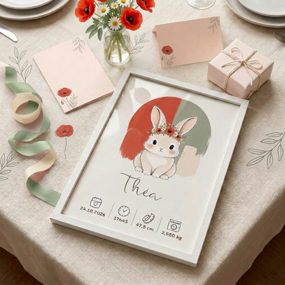 Lapin coquelicot Théa en cadre blanc présenté en cadeau sur une table fleurie