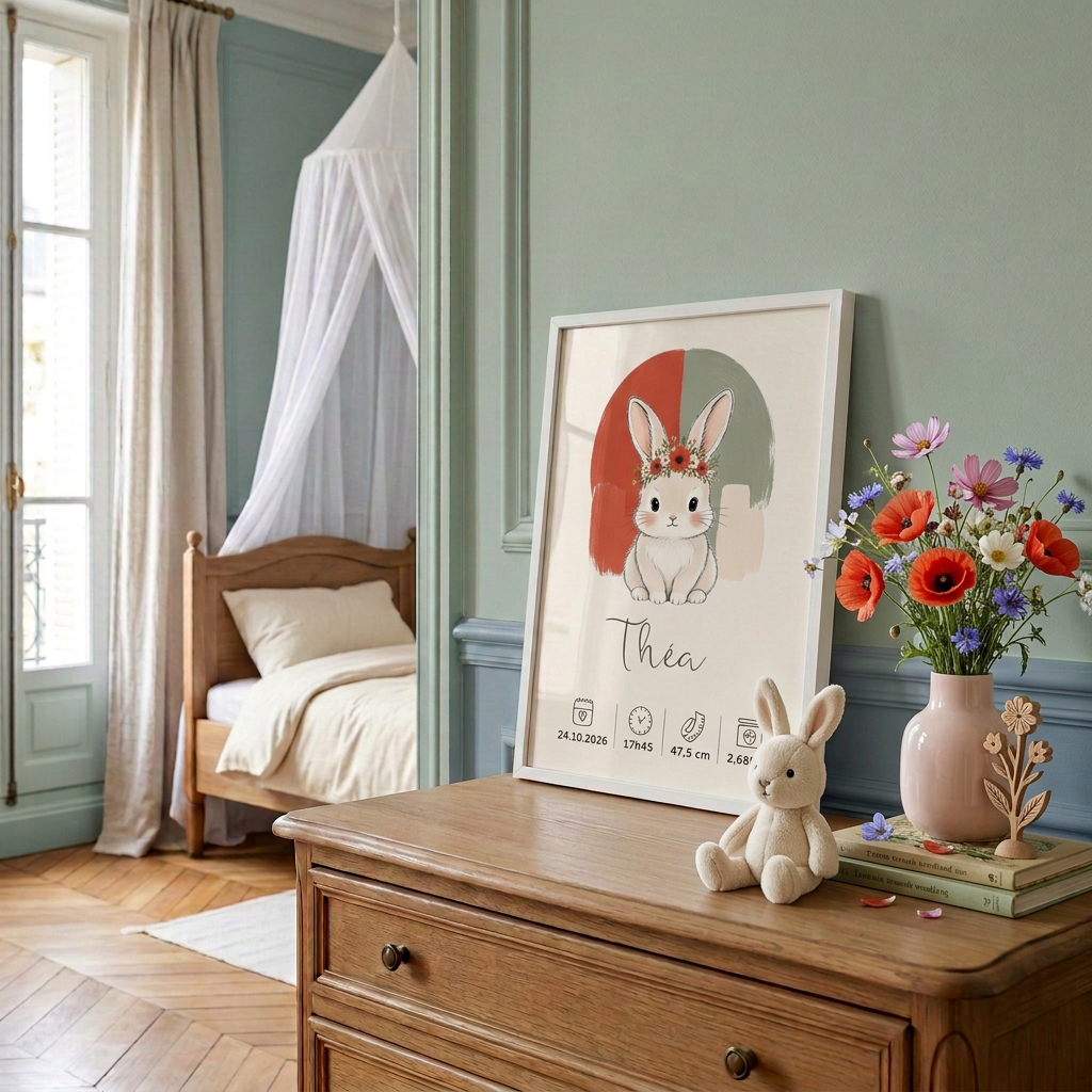 Lapin coquelicot Théa en cadre blanc sur une commode, décoration printanière