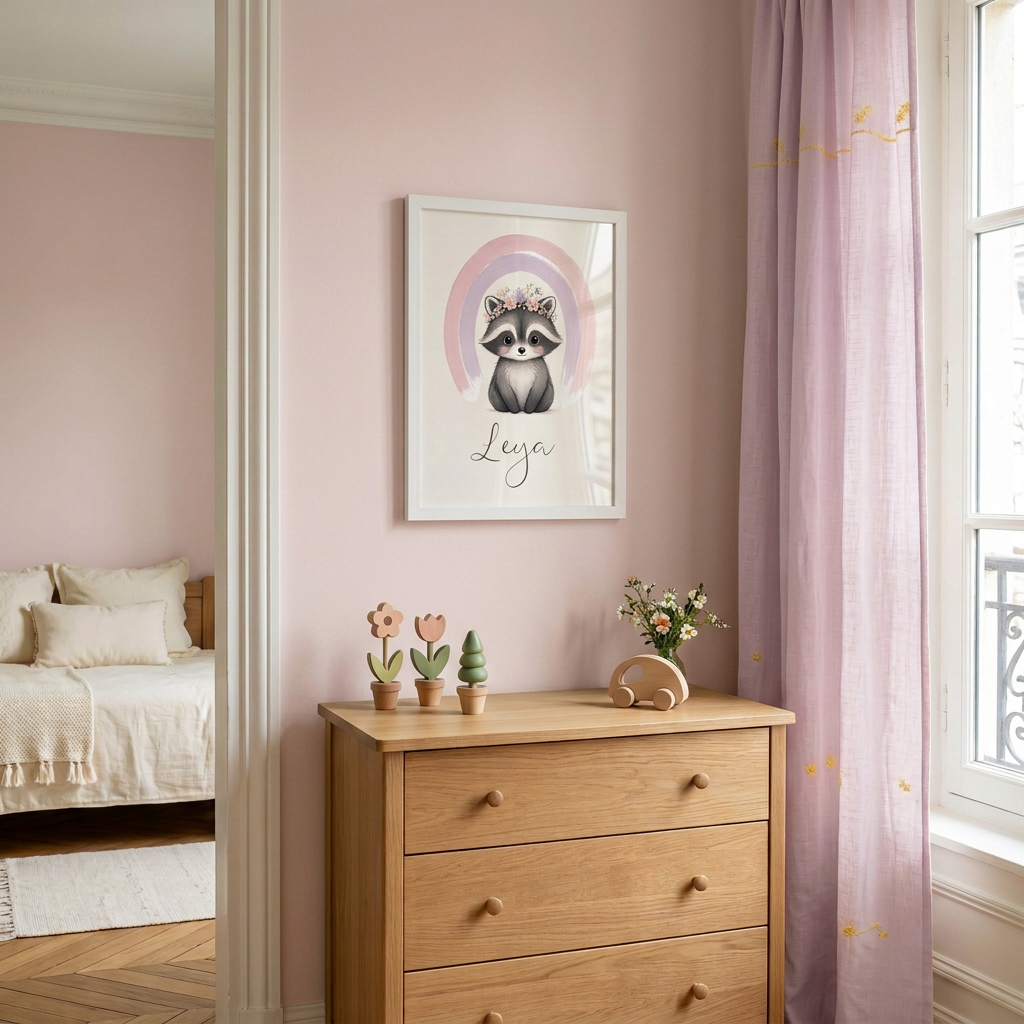 Leya en cadre blanc au-dessus d’une commode