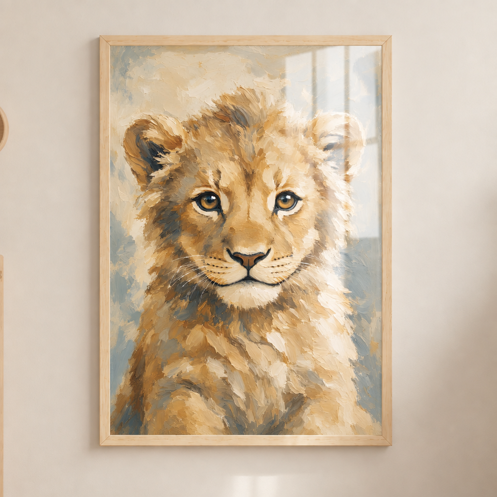 Lionceau dans le cadre en bois sous plexiglas