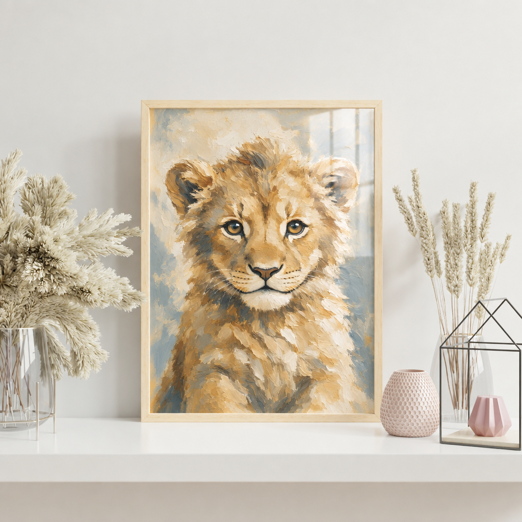 Lionceau encadré sous plexiglas sur l’étagère