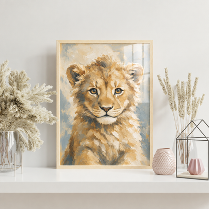 Lionceau encadré sous plexiglas sur l’étagère