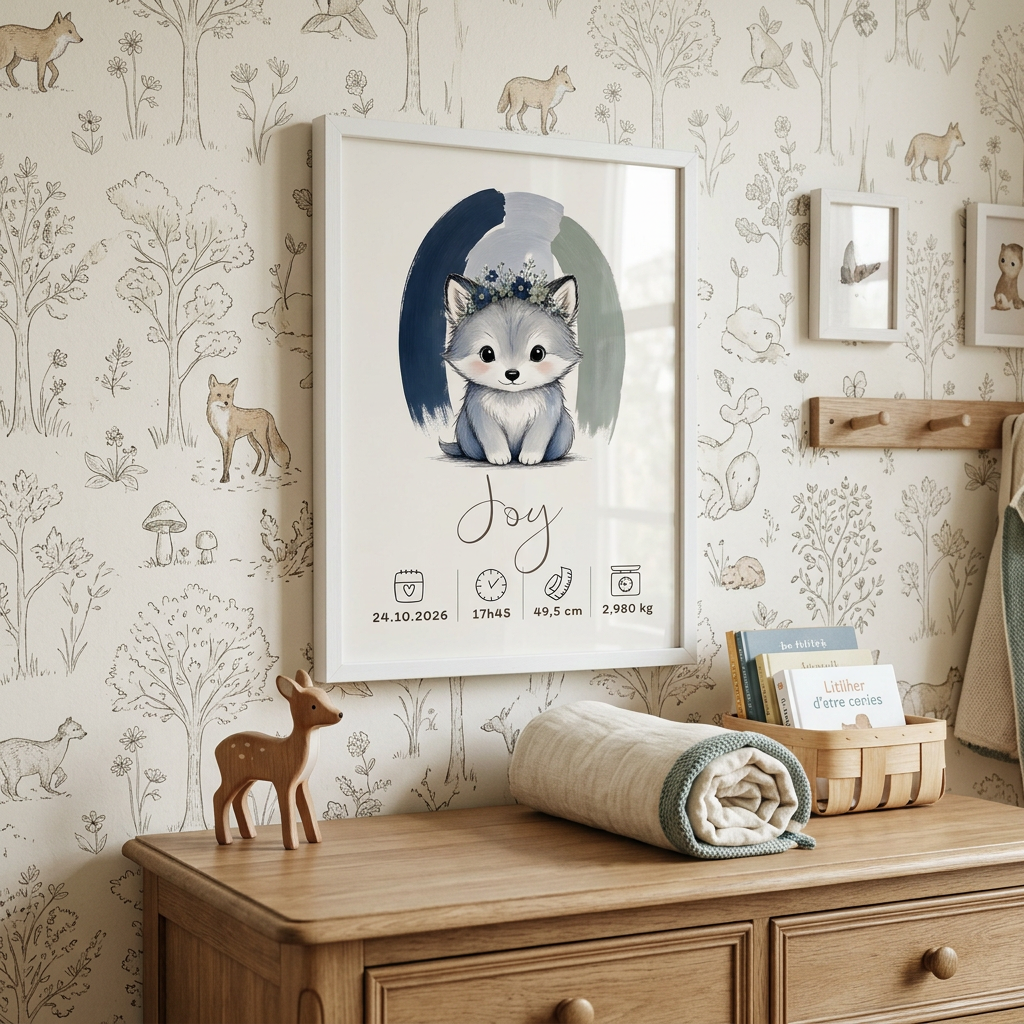 Loup Joy en cadre blanc dans une chambre forêt