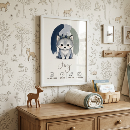 Loup Joy en cadre blanc dans une chambre forêt