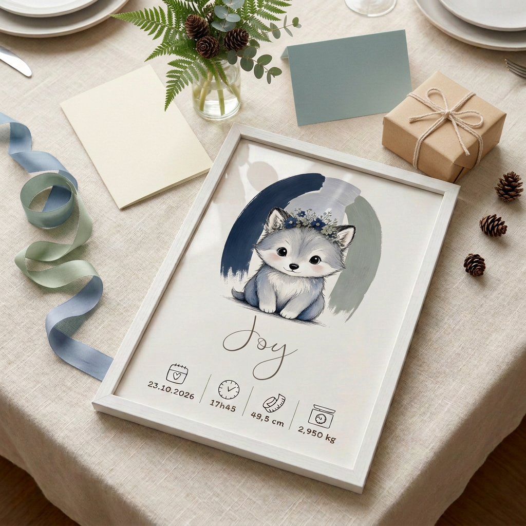 Loup Joy en cadre blanc présenté en cadeau, ambiance forêt