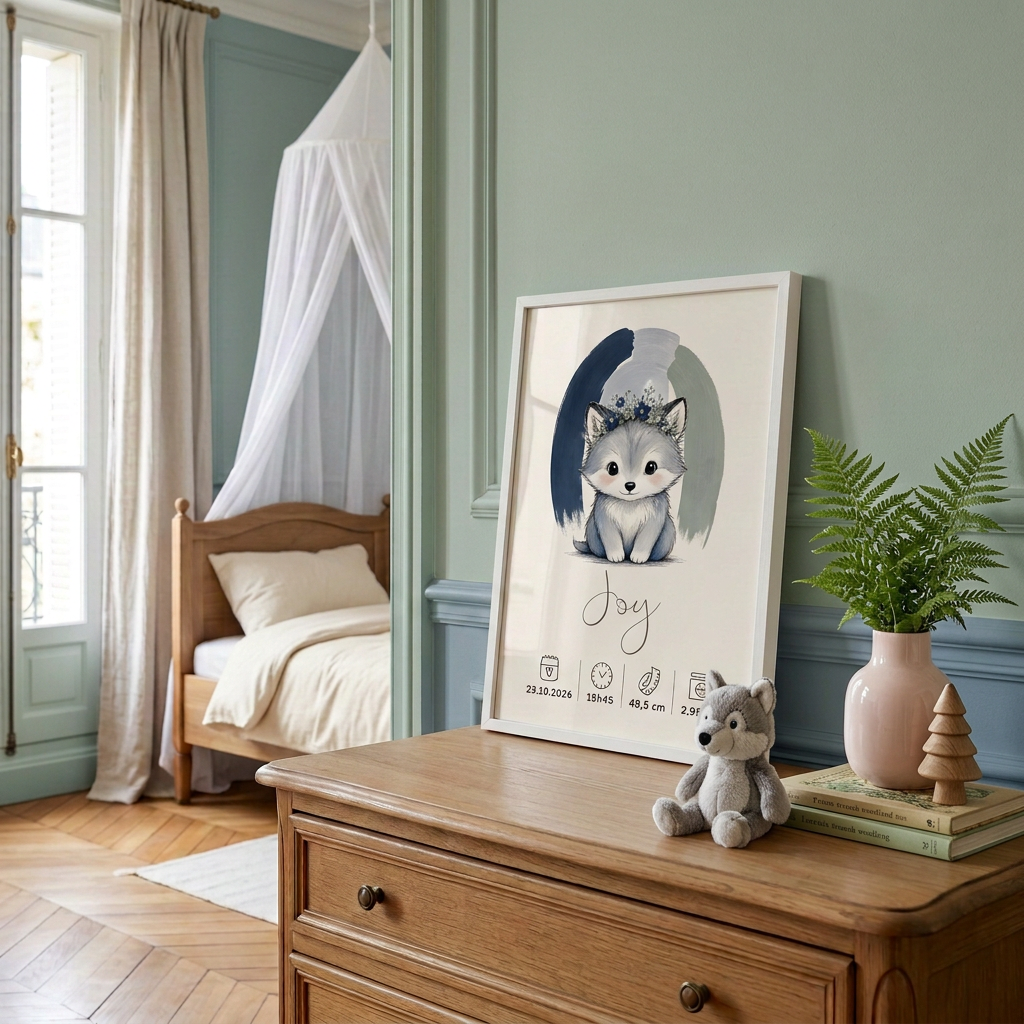 Loup Joy en cadre blanc sur une commode, décoration forêt