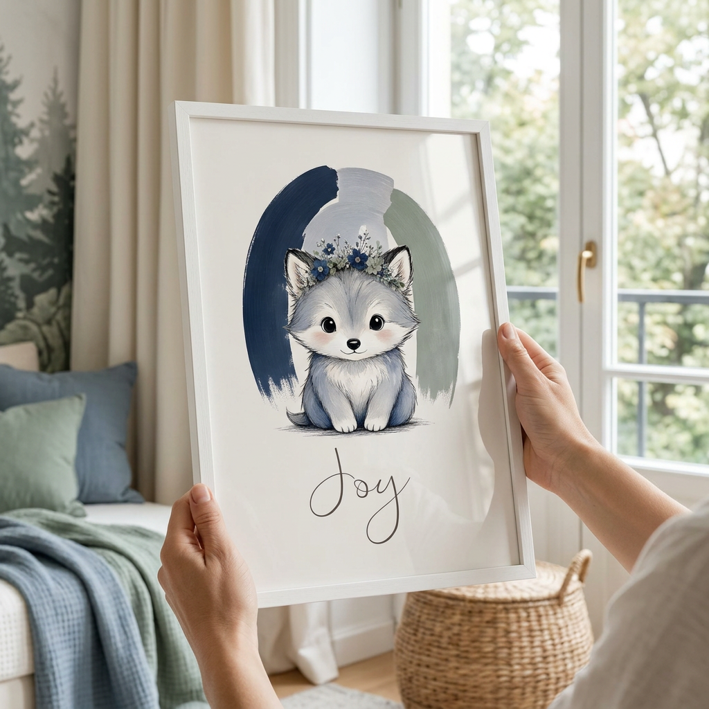 Loup Joy en cadre blanc tenu près d’une fenêtre