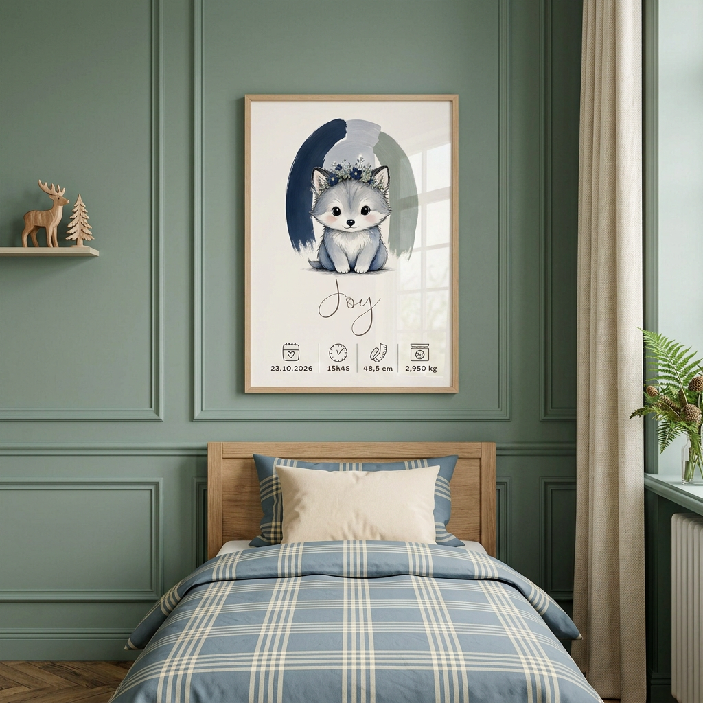 Loup Joy en cadre bois clair au-dessus d’un lit, chambre forêt