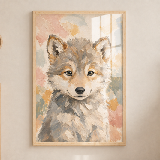 Louveteau dans le cadre en bois sous plexiglas