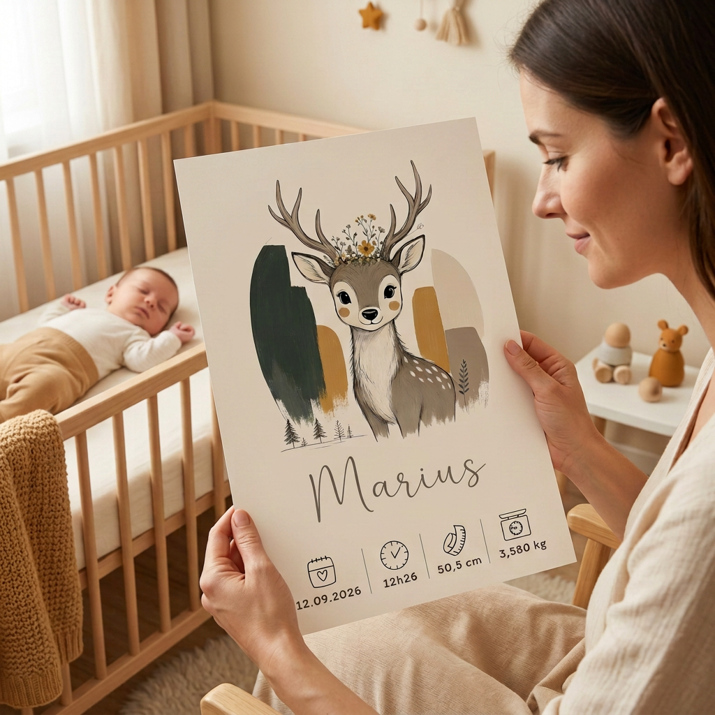 Même scène avec la femme et son bébé, et le prénom Marius sur l’affiche du cerf