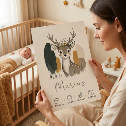 Même scène avec la femme et son bébé, et le prénom Marius sur l’affiche du cerf