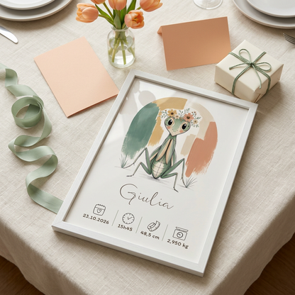Mante religieuse Giulia encadrée en blanc, présentée en cadeau sur une table en lin avec des tulipes