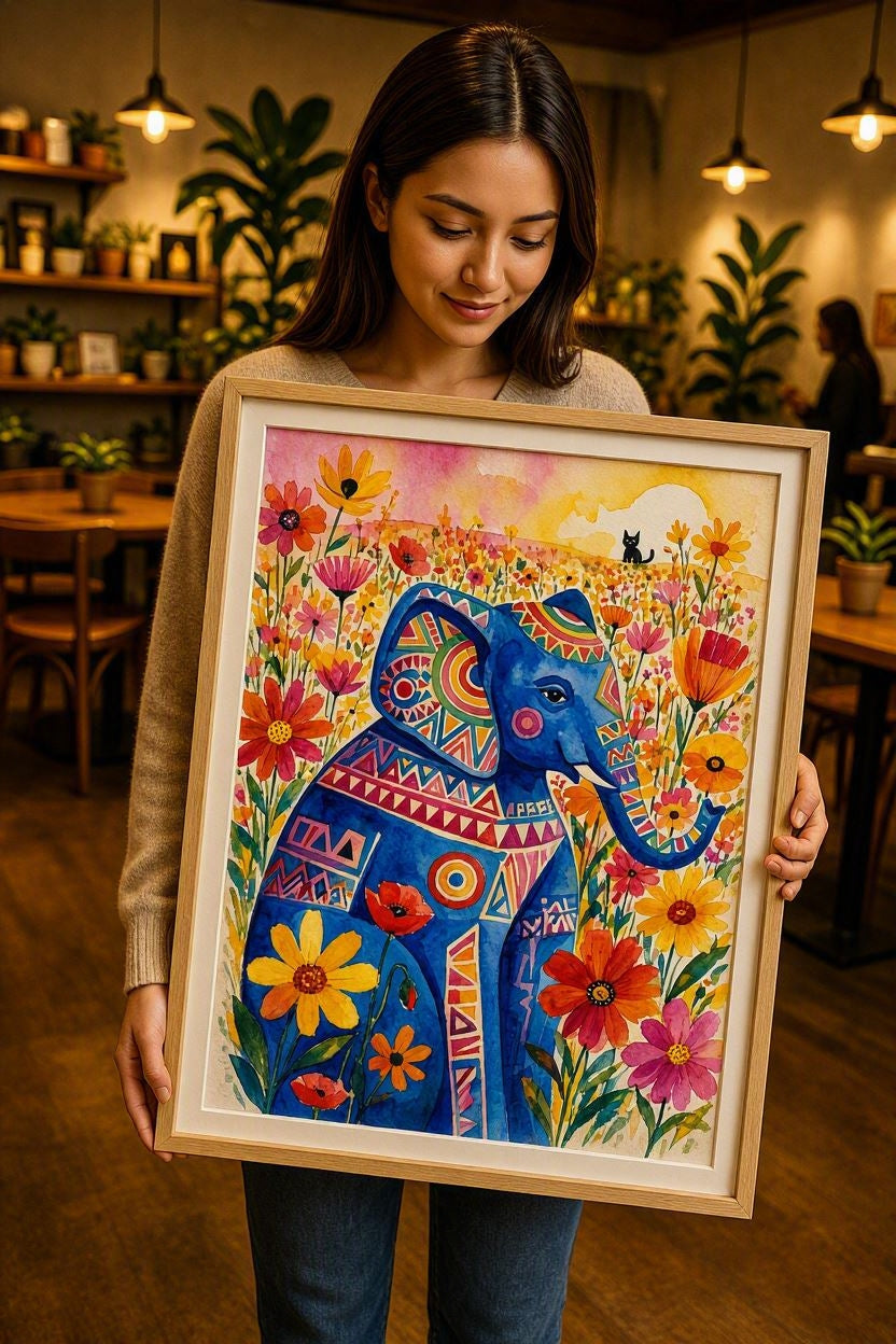 Affiche éléphant bleu — poster aquarelle artistique porte‑bonheur pour décoration intérieure