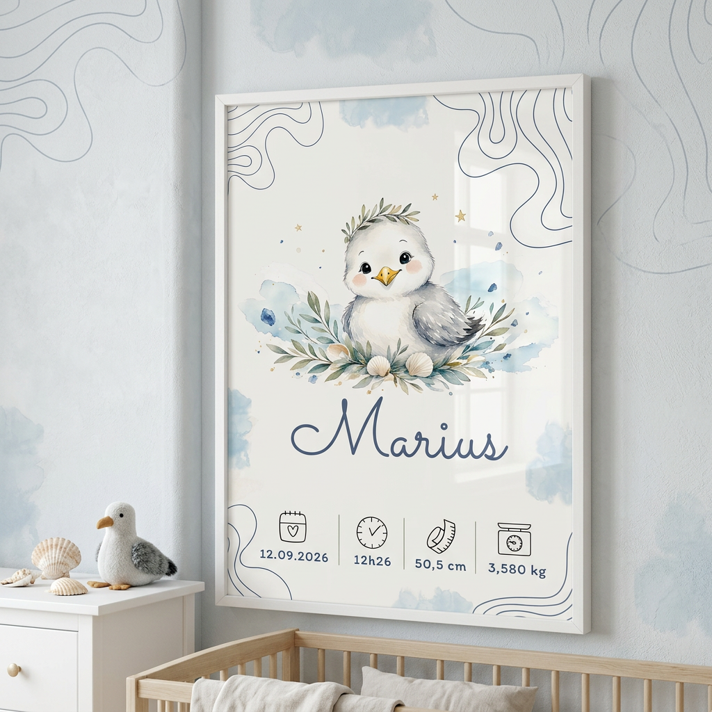 Marius dans un cadre blanc au mur d’une chambre au thème marin