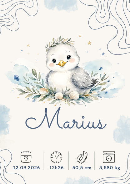 Affiche de naissance Marius personnalisée encadrée