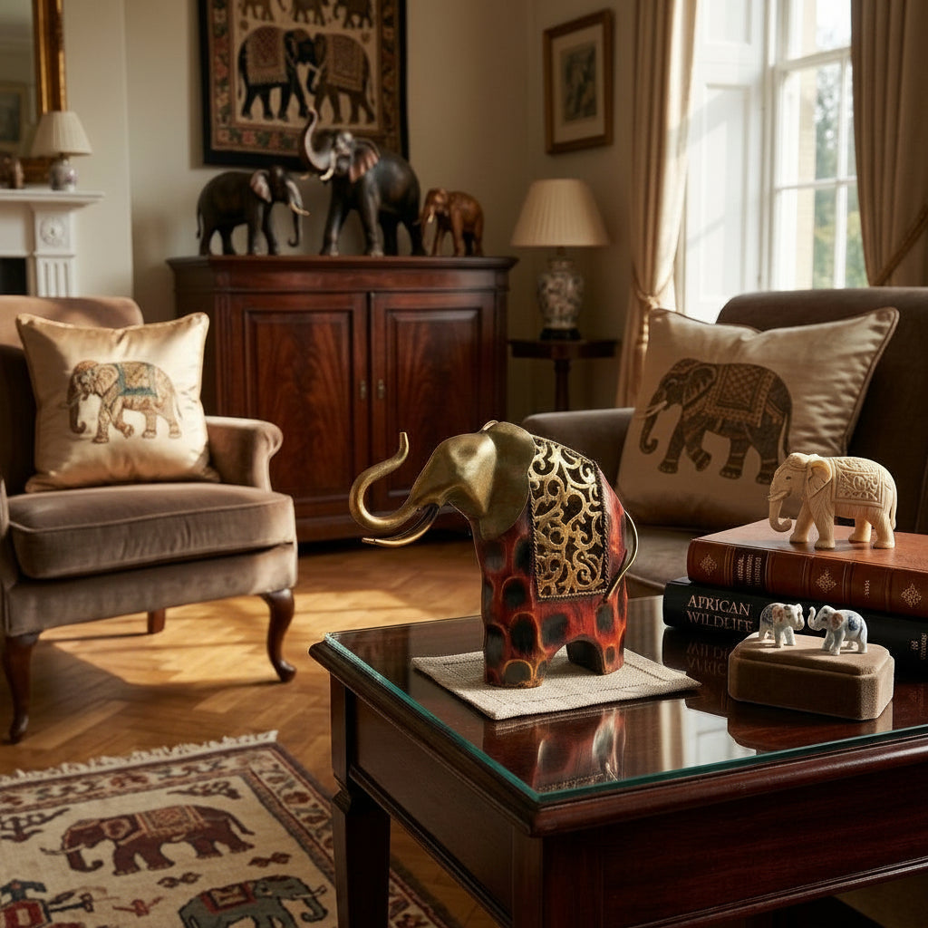 Éléphant décoratif en métal mis en scène sur une table en bois dans une ambiance orientale