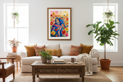 Mockup affiche éléphant encadrée dans salon