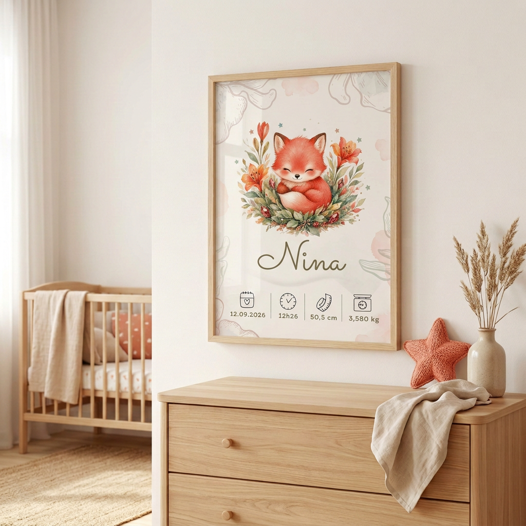 Nouveau visuel Nina dans le cadre en bois clair avec plexiglas, dans la même chambre de bébé