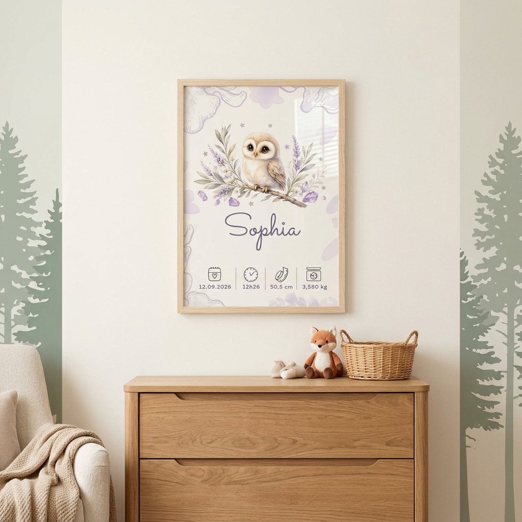 Nouvelle mise en scène de Sophia dans un cadre en bois clair avec plexiglas, dans une chambre forêt