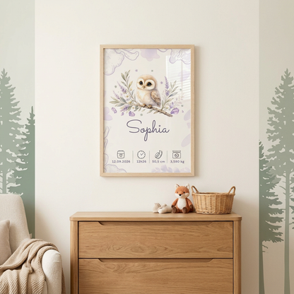 Nouvelle mise en scène de Sophia dans un cadre en bois clair avec plexiglas, dans une chambre forêt