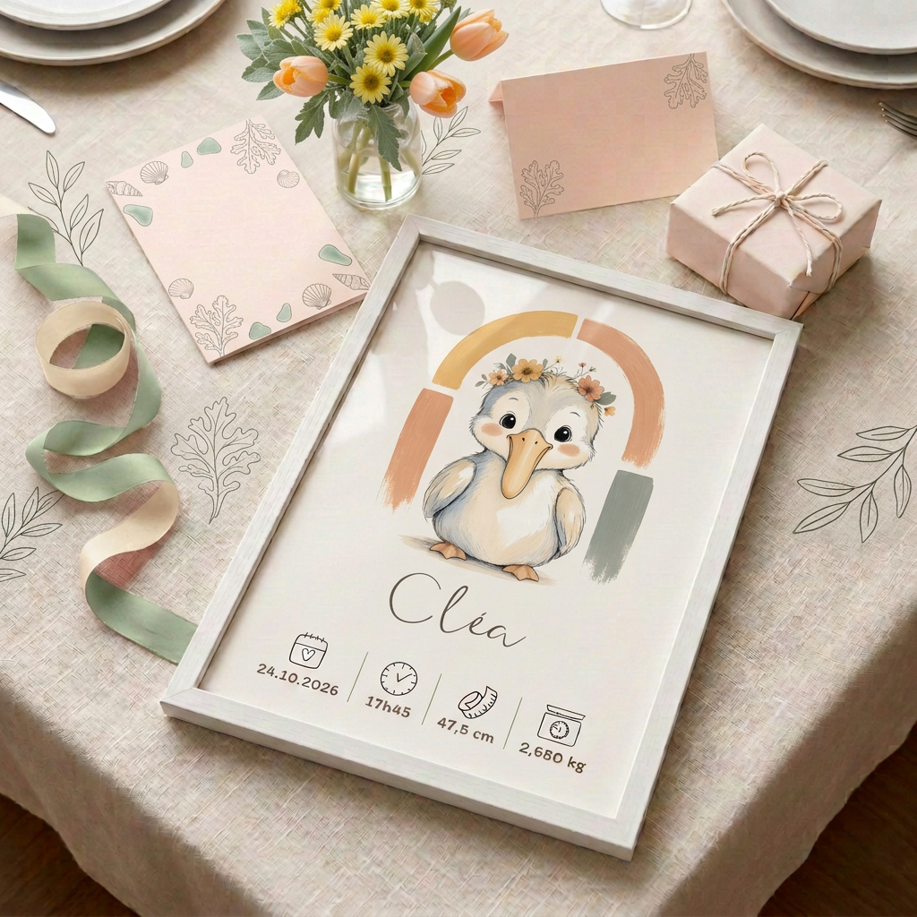 Pélican Cléa en cadre blanc présenté en cadeau sur une table fleurie