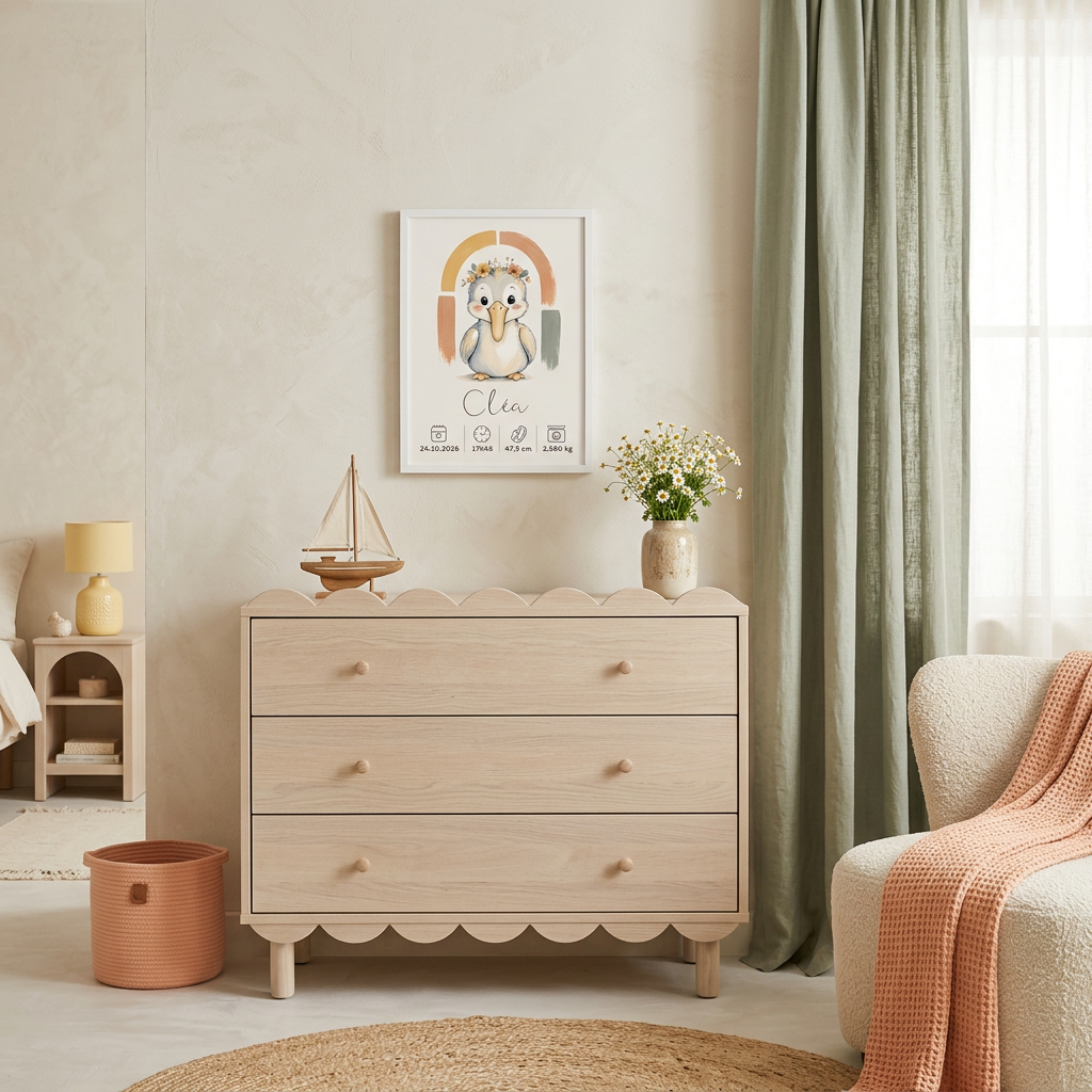 Pélican Cléa en petit cadre blanc, commode festonnée et décoration jaune beurre