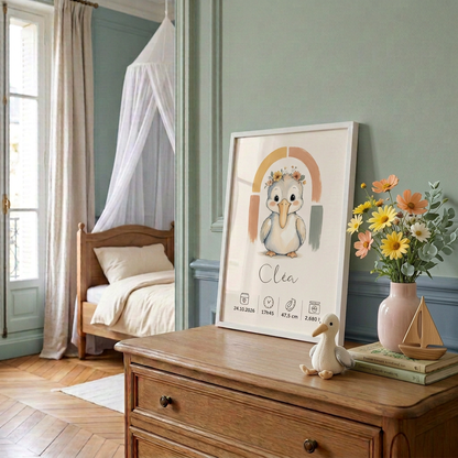 Pélican Cléa en petit cadre blanc sur une commode, décoration douce bord de mer