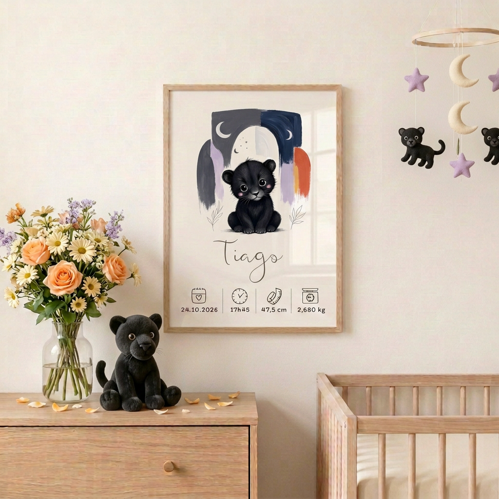Panthère noire Tiago encadrée dans une chambre de bébé avec des accessoires assortis