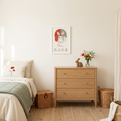 Petit cadre blanc Théa centré au-dessus d’une commode, chambre coquelicot et sauge