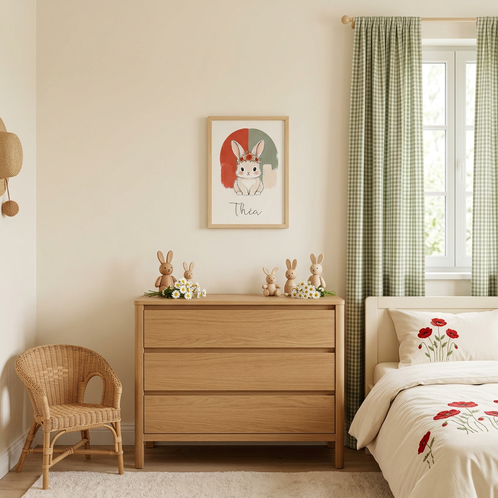 Petit cadre bois naturel Théa centré dans une chambre champêtre printanière
