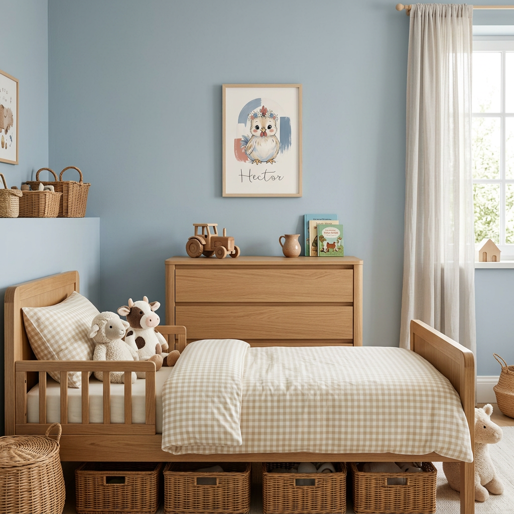 Petit cadre Coq A4 en bois clair au mur, chambre ferme bleu doux