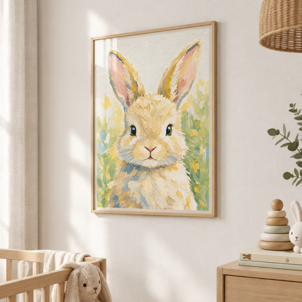 Photo réaliste carrée de l'affiche bébé lapin encadrée A3 sous plexiglas, à partir du visuel fourni