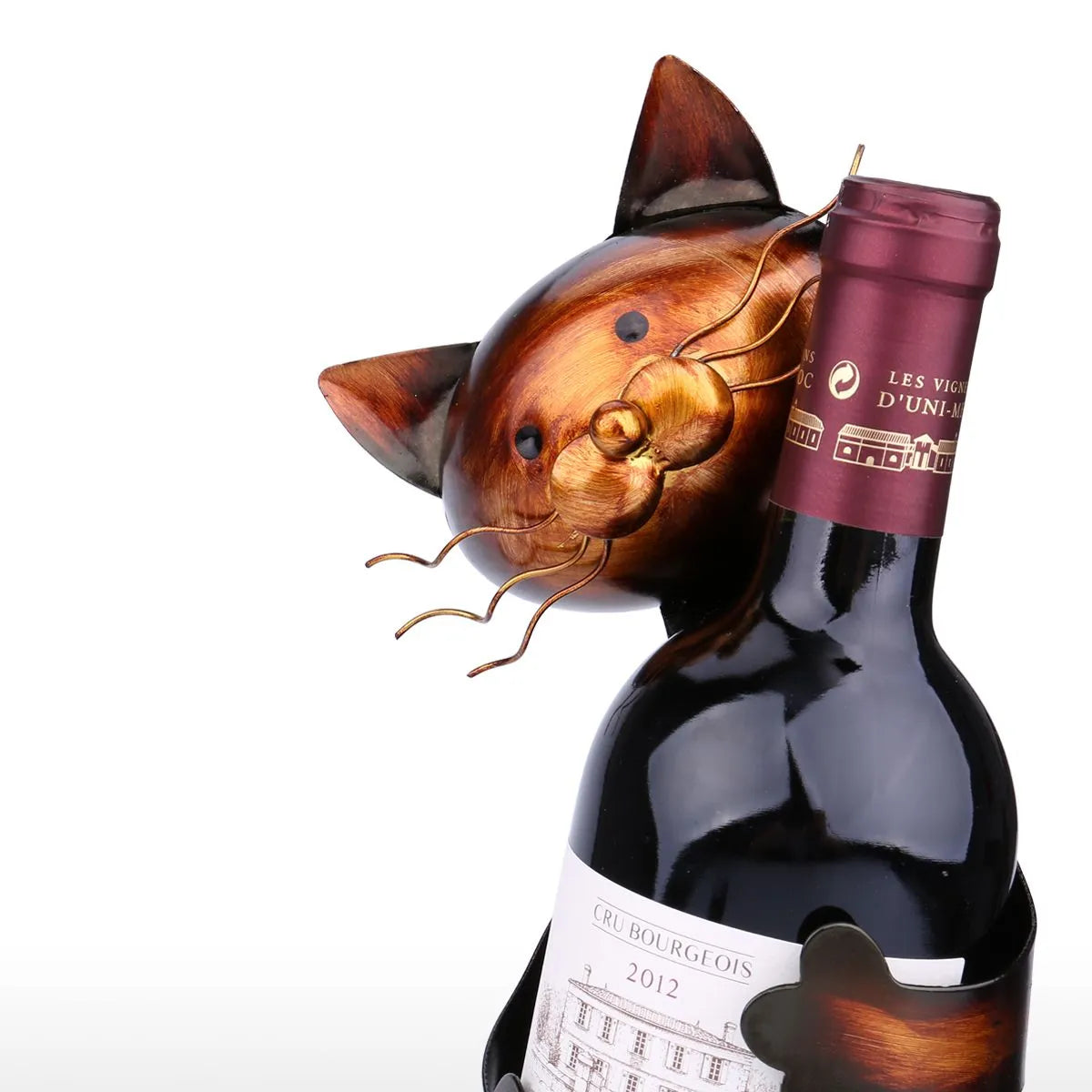 Porte-bouteille chat en métal vu de face, décoration artisanale pour cuisine ou bar