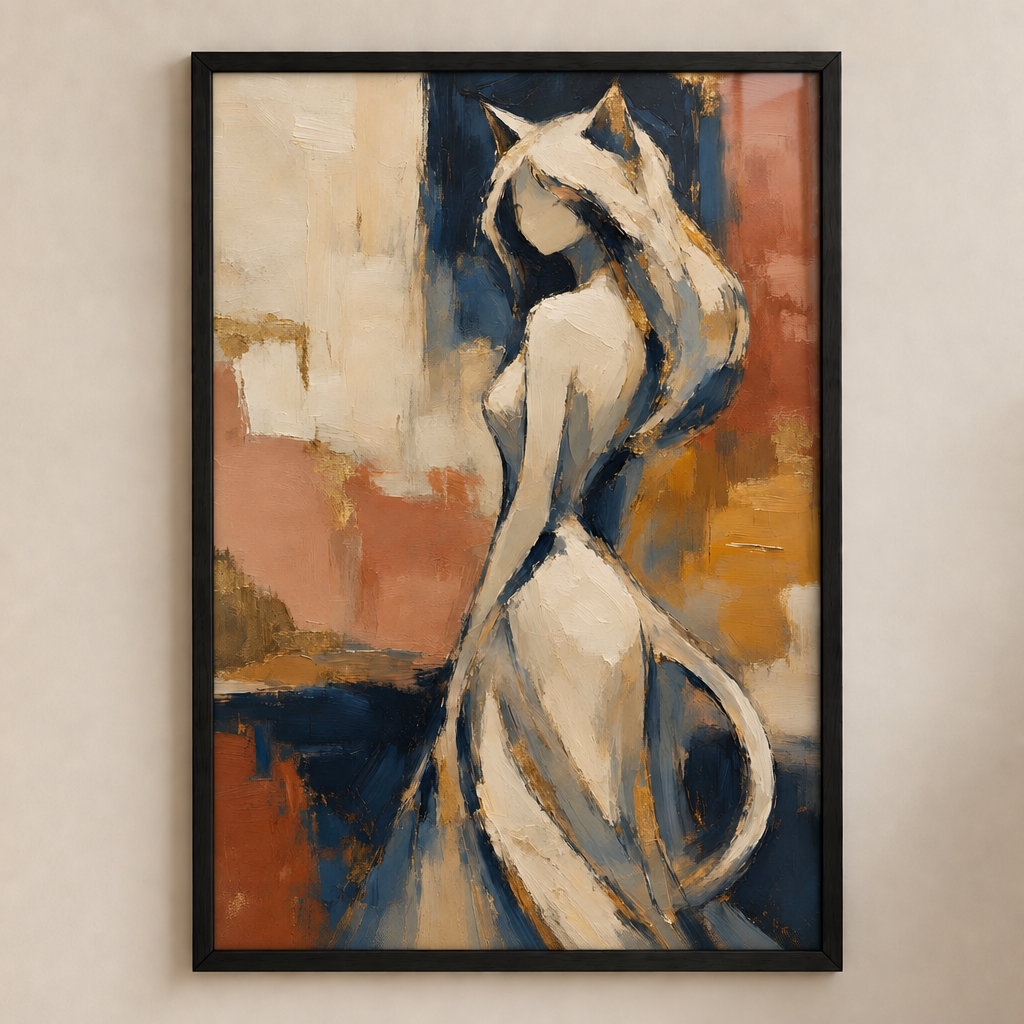 Portrait de la femme-chat dans un cadre avec plexiglas