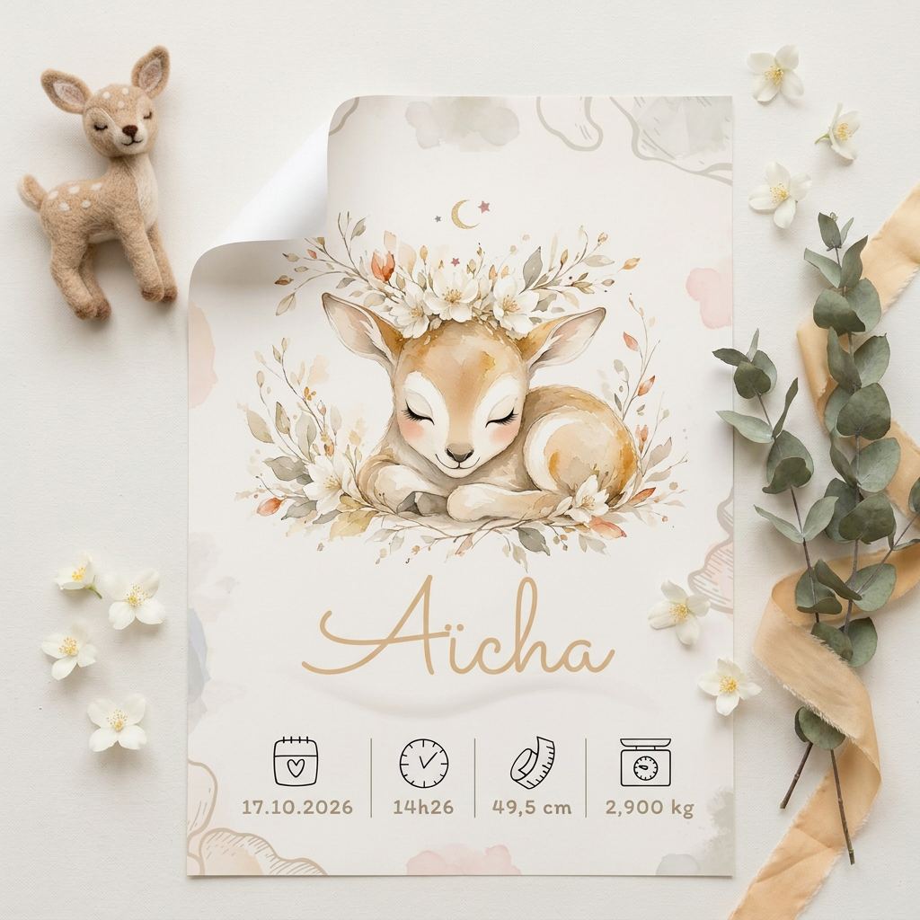 Poster Aïcha présenté à plat avec une peluche faon et des accessoires crème