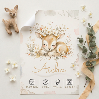 Poster Aïcha présenté à plat avec une peluche faon et des accessoires crème